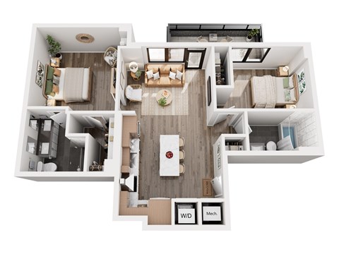 Floor plan for 2 beds, 2 baths, 943 sqft